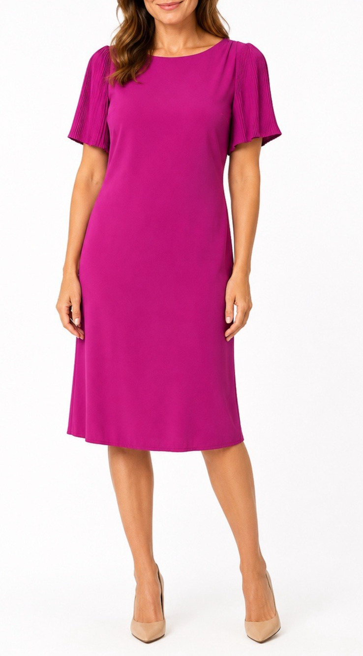 Vintage 1980’s Pierre Cardin Dress Shift Pleated Futter Sleeves Magenta Purple 8